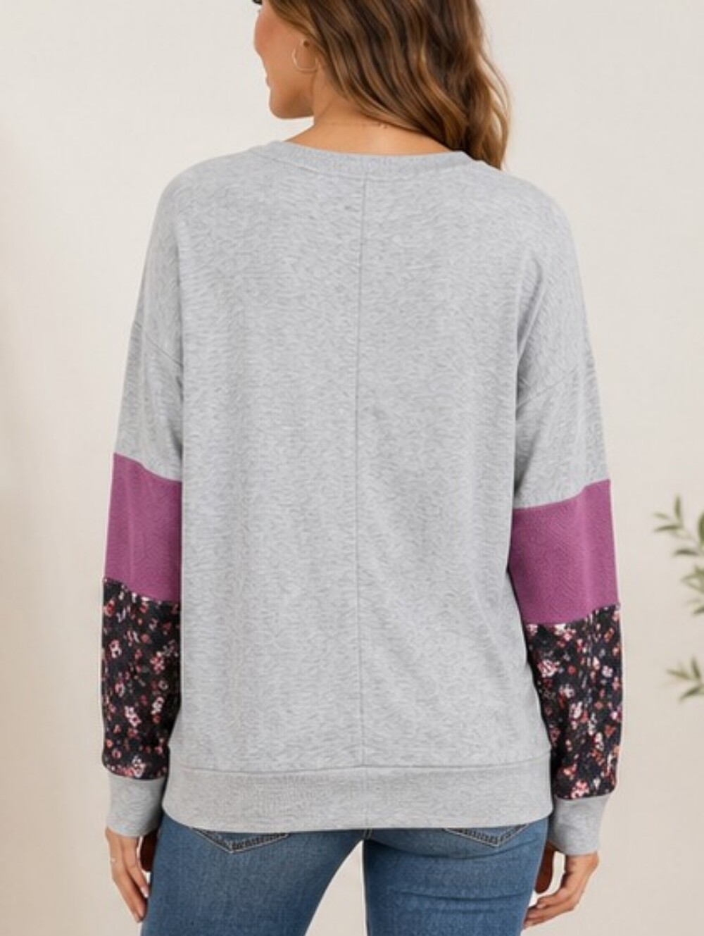 LUQ Heather Grey Floral Colorblock Pullover Top – Size Medium - Picture 2 of 9